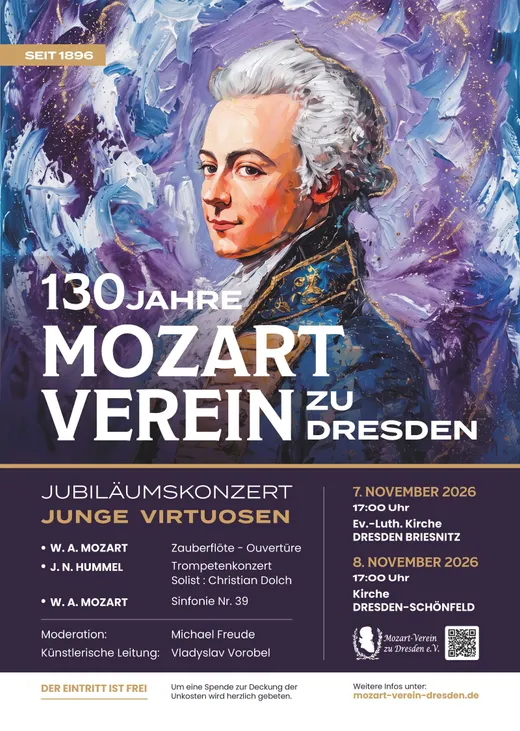 Plakat zum Jubiläumskonzert "Junge Virtuosen" am 7. und 8. November 2026 mit gemaltem Mozart-Porträt