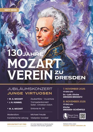 Plakat zum Jubiläumskonzert "Junge Virtuosen" am 7. und 8. November 2026 mit gemaltem Mozart-Porträt