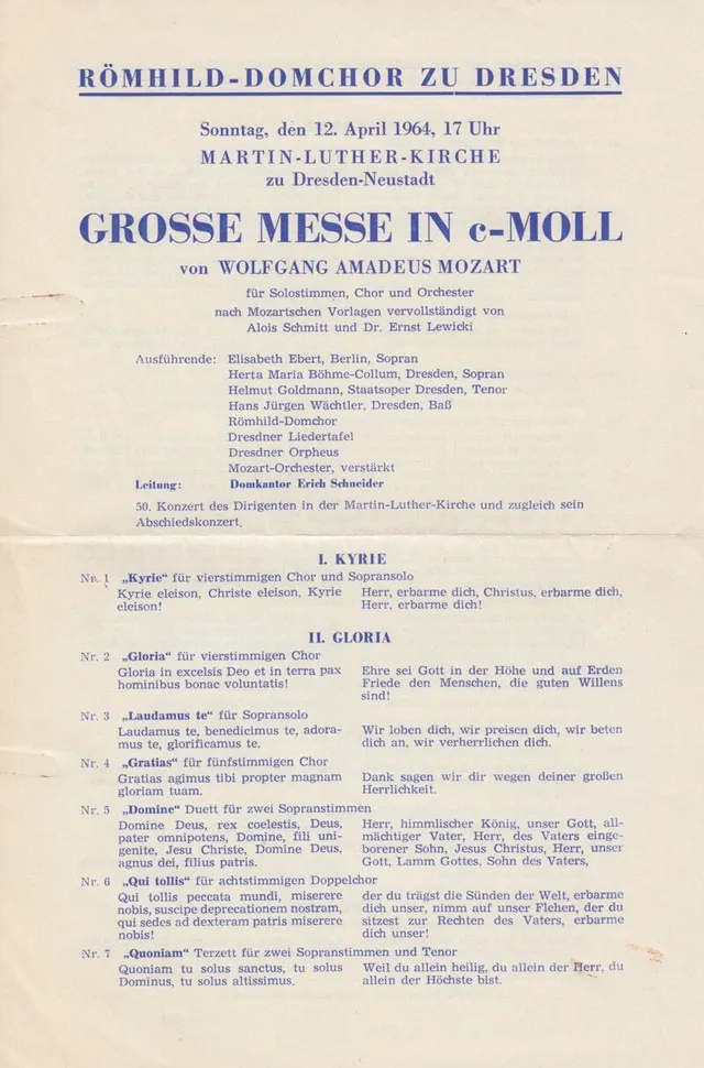Programmzettel einer Aufführung von Mozarts c-Moll-Messe